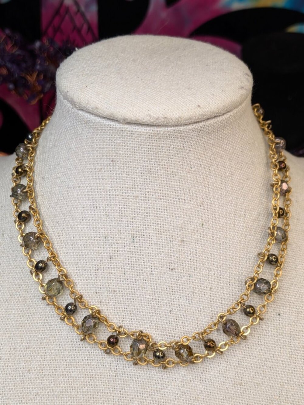 Givenchy Gold Necklace with Smoky Gray Beads & Hematite Accents